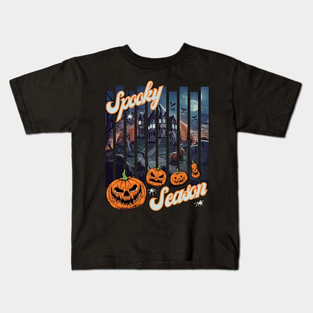 Haunted Scary Halloween House Spooky Season Pumpkins Bats Kids T-Shirt by egcreations